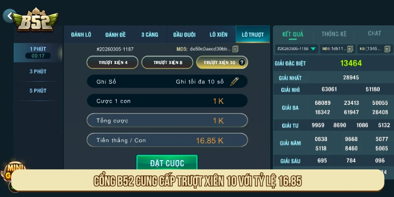 Cổng B52 cung cấp trượt xiên 10 với tỷ lệ 16.85